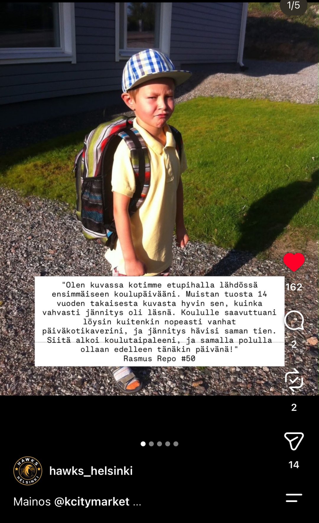 Hawks Helsinki post: a player's own school memory and a call to donate a backpack.