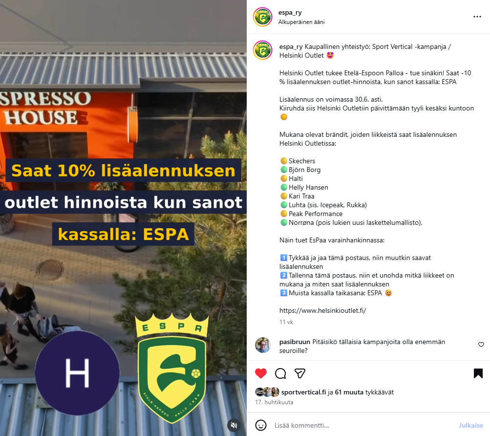 Etelä-Espoon Pallo's Instagram post encouraging followers to support the team and use the extra discount at Helsinki Outlet.