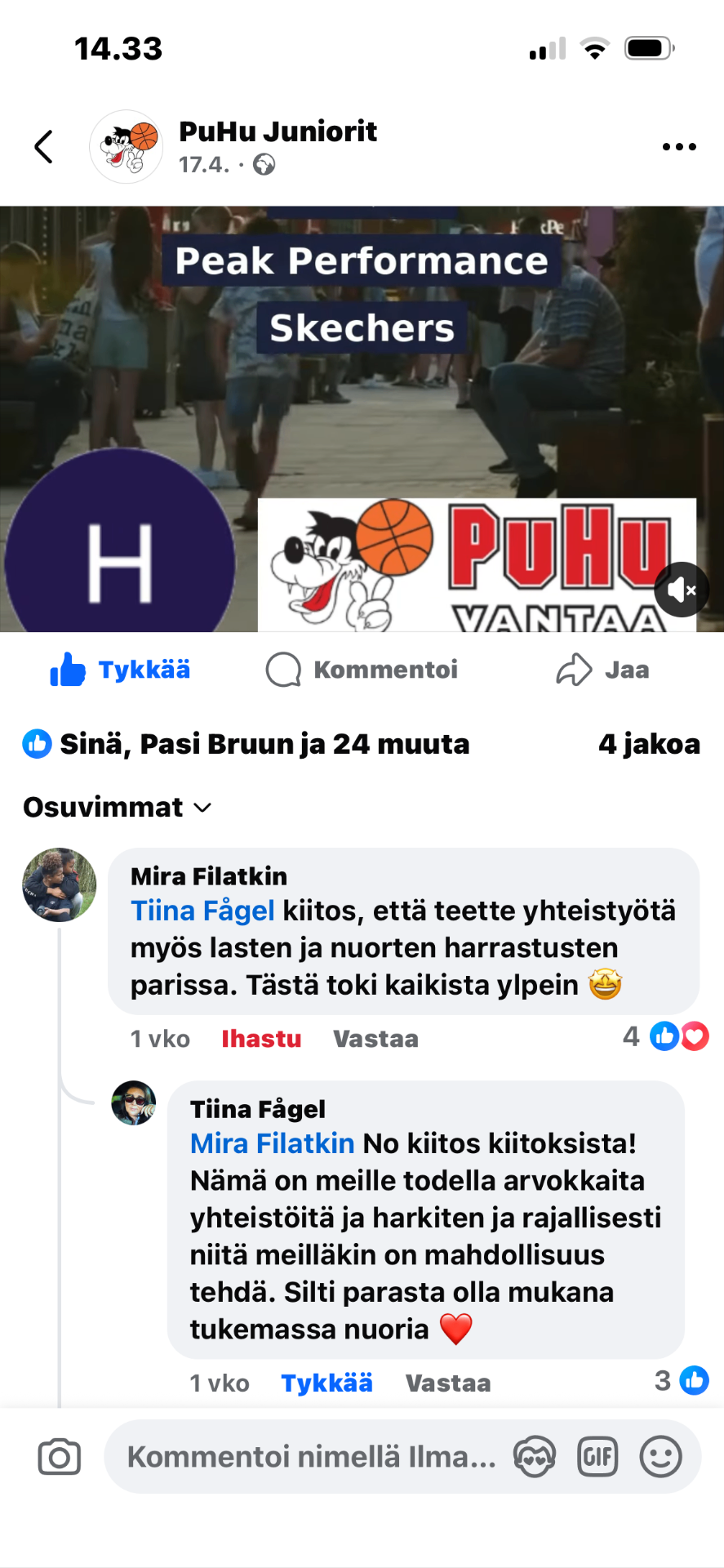 PuHu Juniorit's Facebook post – the comment threads show genuine gratitude and positive feedback for the collaboration.